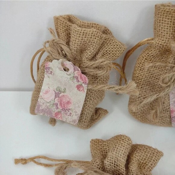 Natural Burlap Favor Drawstring Bags with Gift Tag lot of 3 - Picture 4 of 8